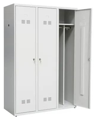 Spinde aus Metall mit 3 Türen (je Abteil: Hutboden und Kunststoff-Kleiderstange inkl. 2 Kleiderhaken und Schwarz-Weiß-Trennwand)